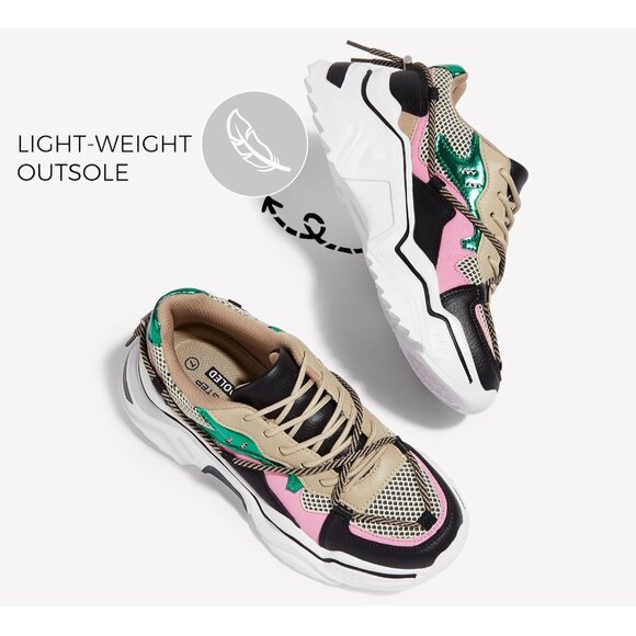 Brand New Women Black/Green PU+Mesh Chunky Dad Sneakers TPE Sole Retro - Picture 4 of 9